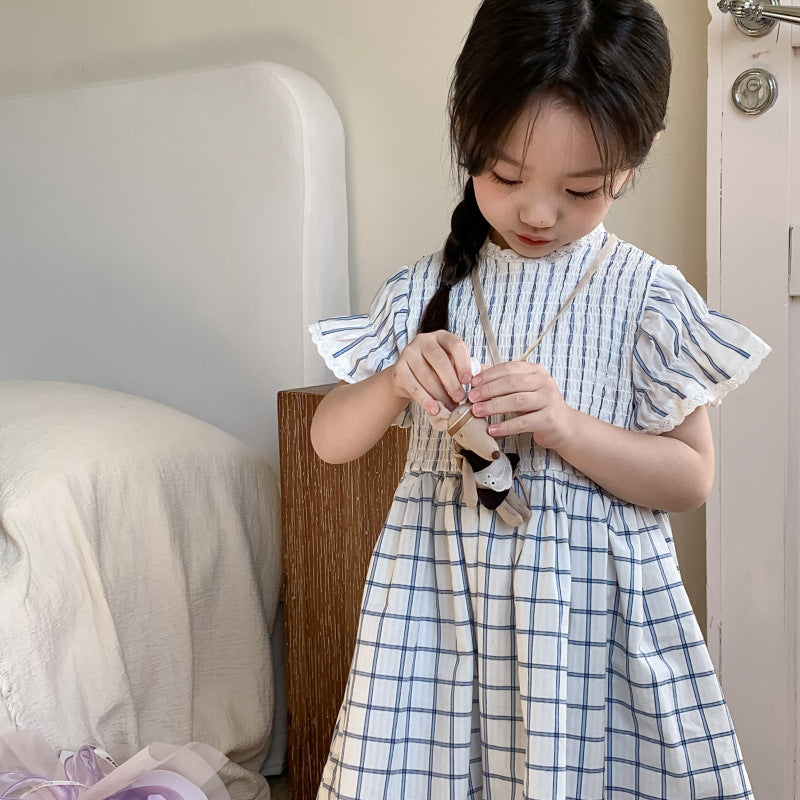 AM1689夏季韓版森系復古飛飛袖格子氣質連衣裙2024.03.29