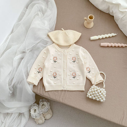 DK2097秋季女童甜美針織純棉花朵刺繡圓領長袖外套2024.07.05