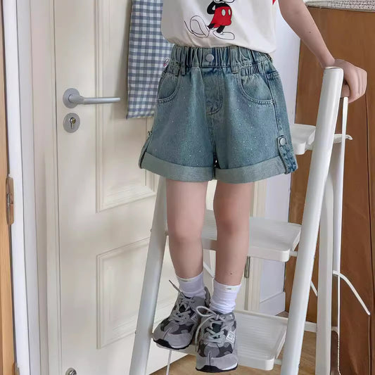 CJ4808夏季中大女童帶鑽牛仔翻邊短褲2024.06.28