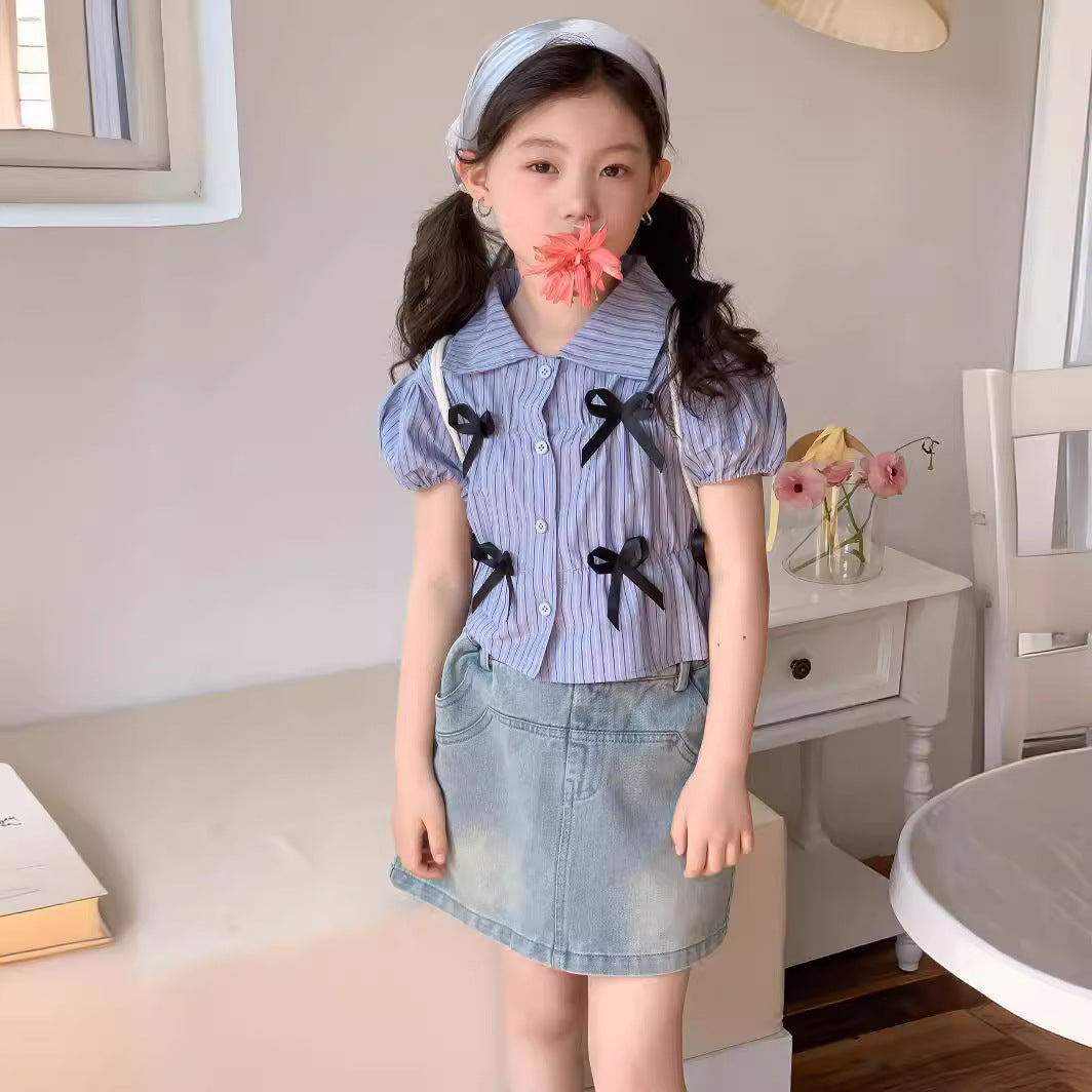 CJ4310夏季韓版中大女童藍色蝴蝶結翻領條紋短袖襯衫2024.06.28