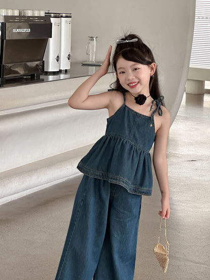 CJ4977韓版夏季女童辣妹風牛仔吊帶娃娃衫闊腿褲套裝兩件套2024.06.11
