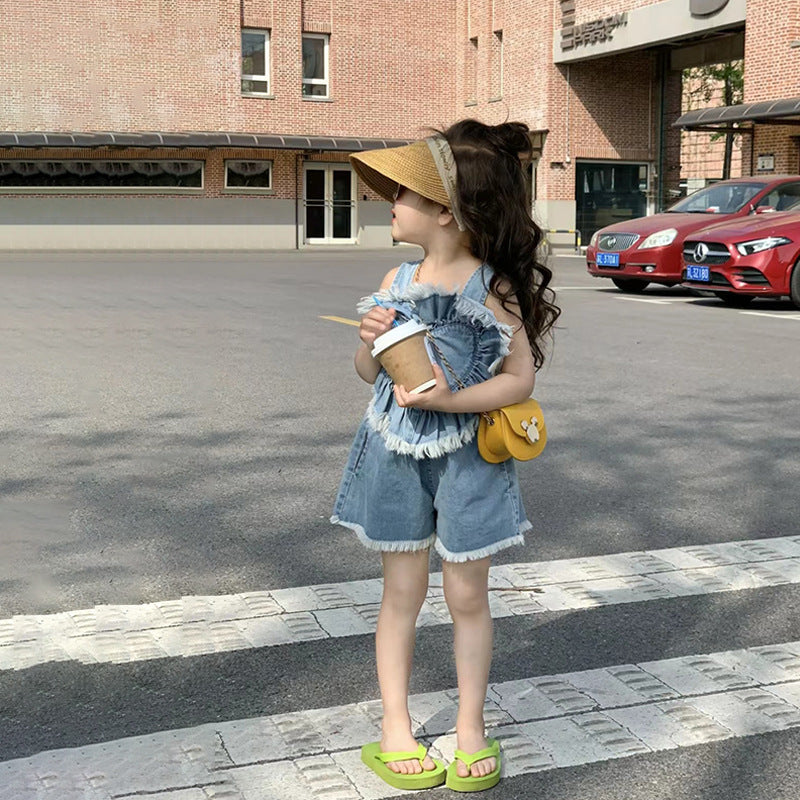 CJ2696韓版甜美可愛愛心牛仔吊帶兩件套裝2023.06.27