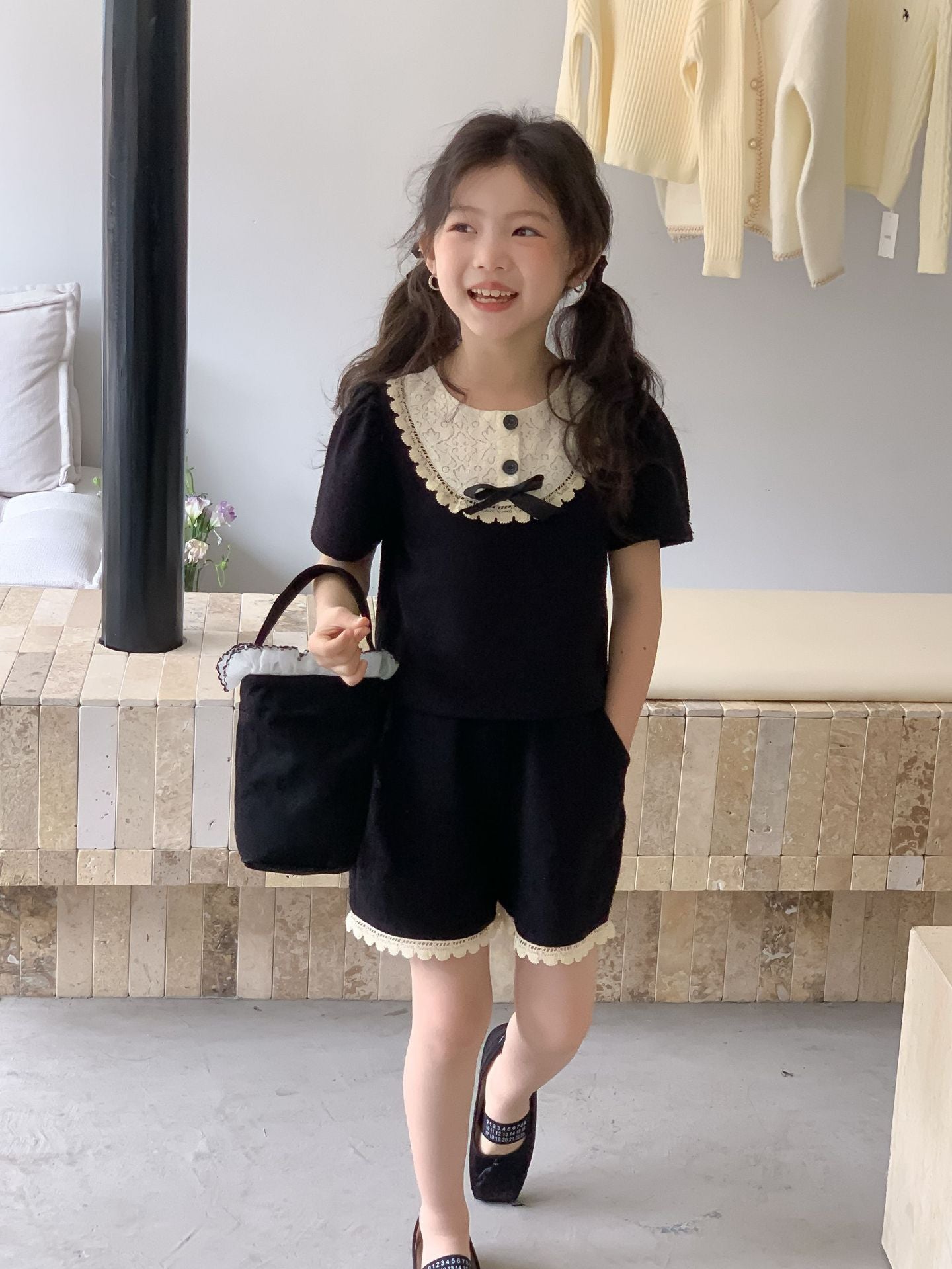 CJ4312夏季女童蝴蝶結氣質短袖上衣+短褲兩件套裝2024.06.28