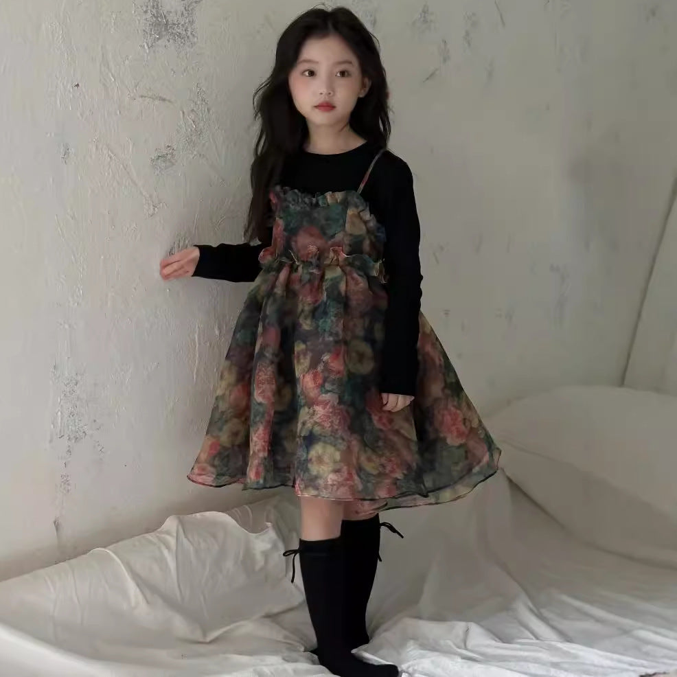 CA4276秋季女童黑色T恤吊帶花朵歐根紗紗裙套裝2024.08.06