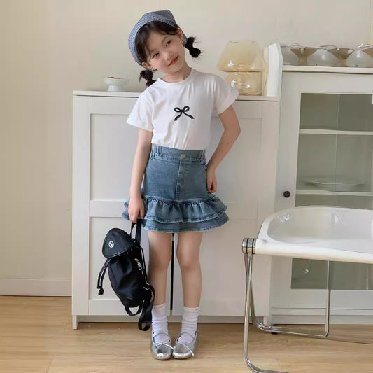 CJ4731韓版夏季中大女童牛仔半身花苞短裙2024.06.28