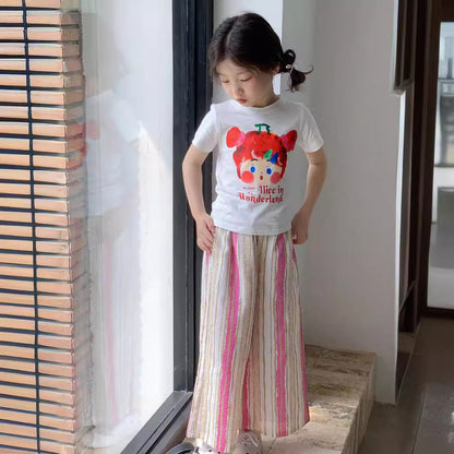 CJ3408夏季中大女童彩條寬鬆九分闊腿褲2024.06.28