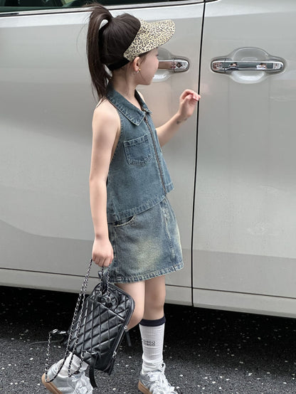 CJ4922夏季女童辣妹風牛仔露背上衣短裙套裝兩件套2024.06.11