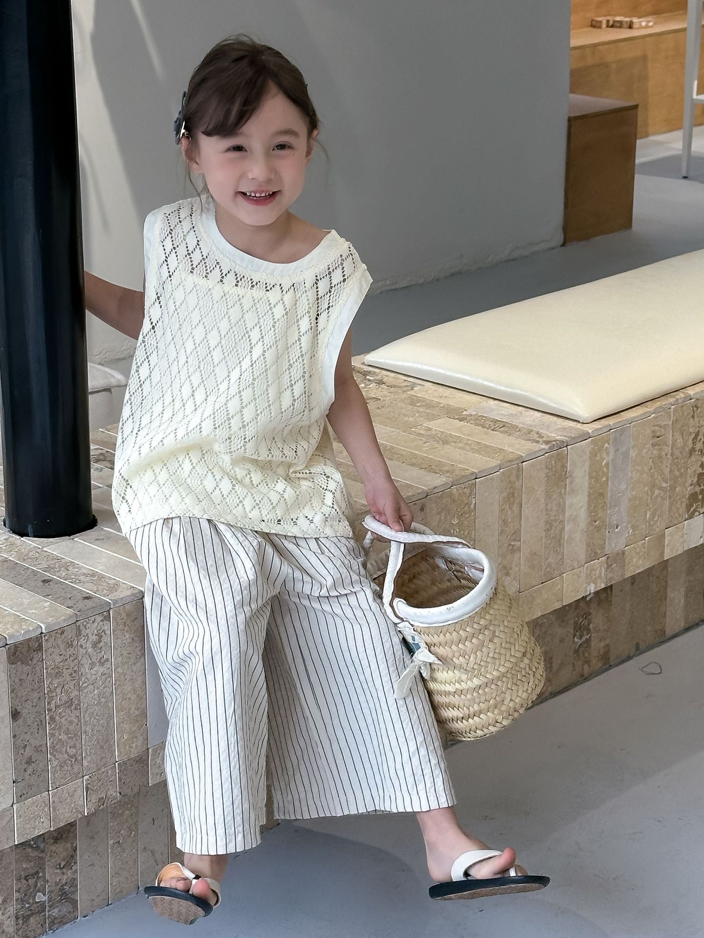 CA4960韓版夏季女童無袖上衣吊帶衫條紋褲三件套中大童女寶套裝2024.04.09