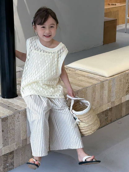 CA4960韓版夏季女童無袖上衣吊帶衫條紋褲三件套中大童女寶套裝2024.04.09