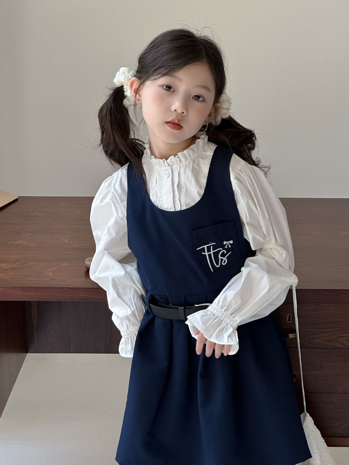 CA4656秋季女童學院風花邊領娃娃衫無袖背心裙兩件套2024.08.06
