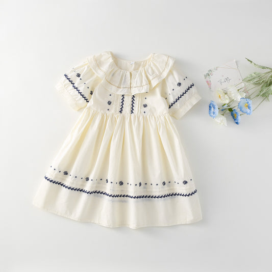 AM1682夏季復古宮廷風娃娃領刺繡花朵設計寬鬆泡泡袖裙子2024.03.29