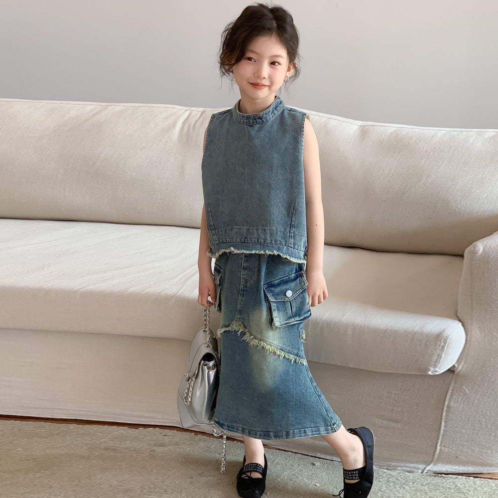 CJ4508夏季中大女童設計感無袖牛仔馬甲上衣2024.06.28