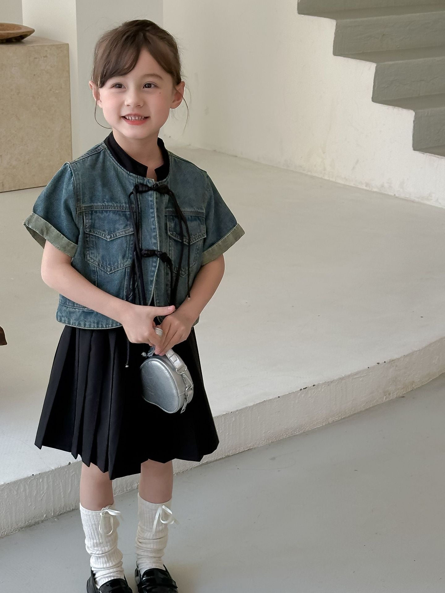 CA4865夏季新中式女童黑色盤扣短袖短款牛仔外套2024.04.09