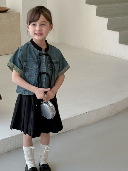 CA4865夏季新中式女童黑色盤扣短袖短款牛仔外套2024.04.09