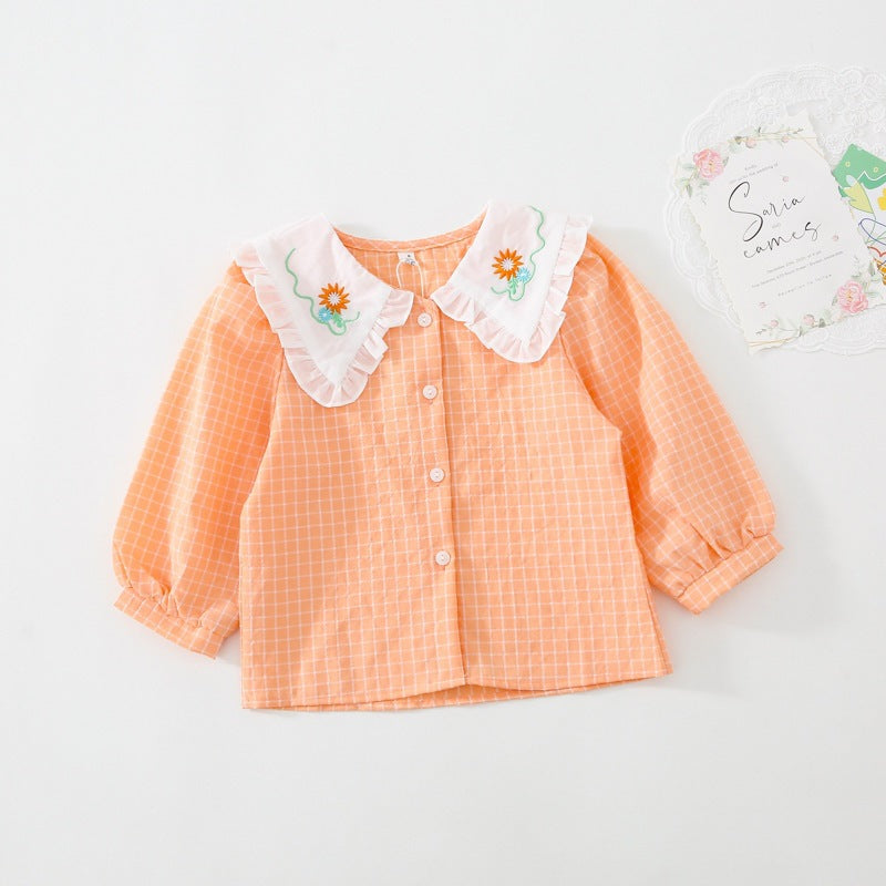 AD1023韓版春秋襯衣花邊刺繡領格子襯衫2023.12.29