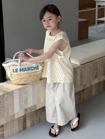 CA4960韓版夏季女童無袖上衣吊帶衫條紋褲三件套中大童女寶套裝2024.04.09