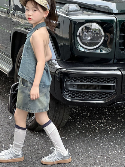 CJ4922夏季女童辣妹風牛仔露背上衣短裙套裝兩件套2024.06.11