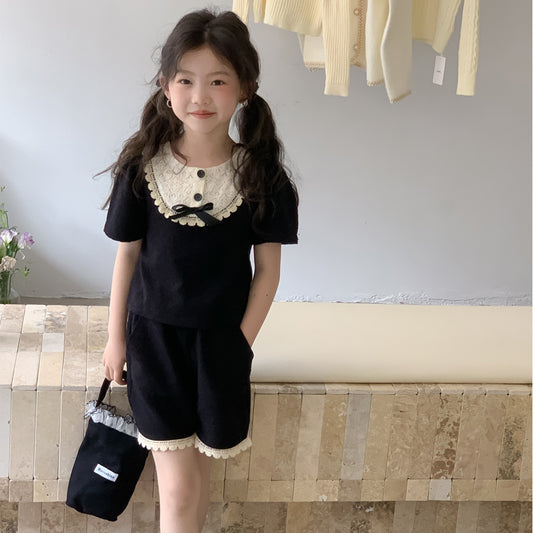 CJ4312夏季女童蝴蝶結氣質短袖上衣+短褲兩件套裝2024.06.28