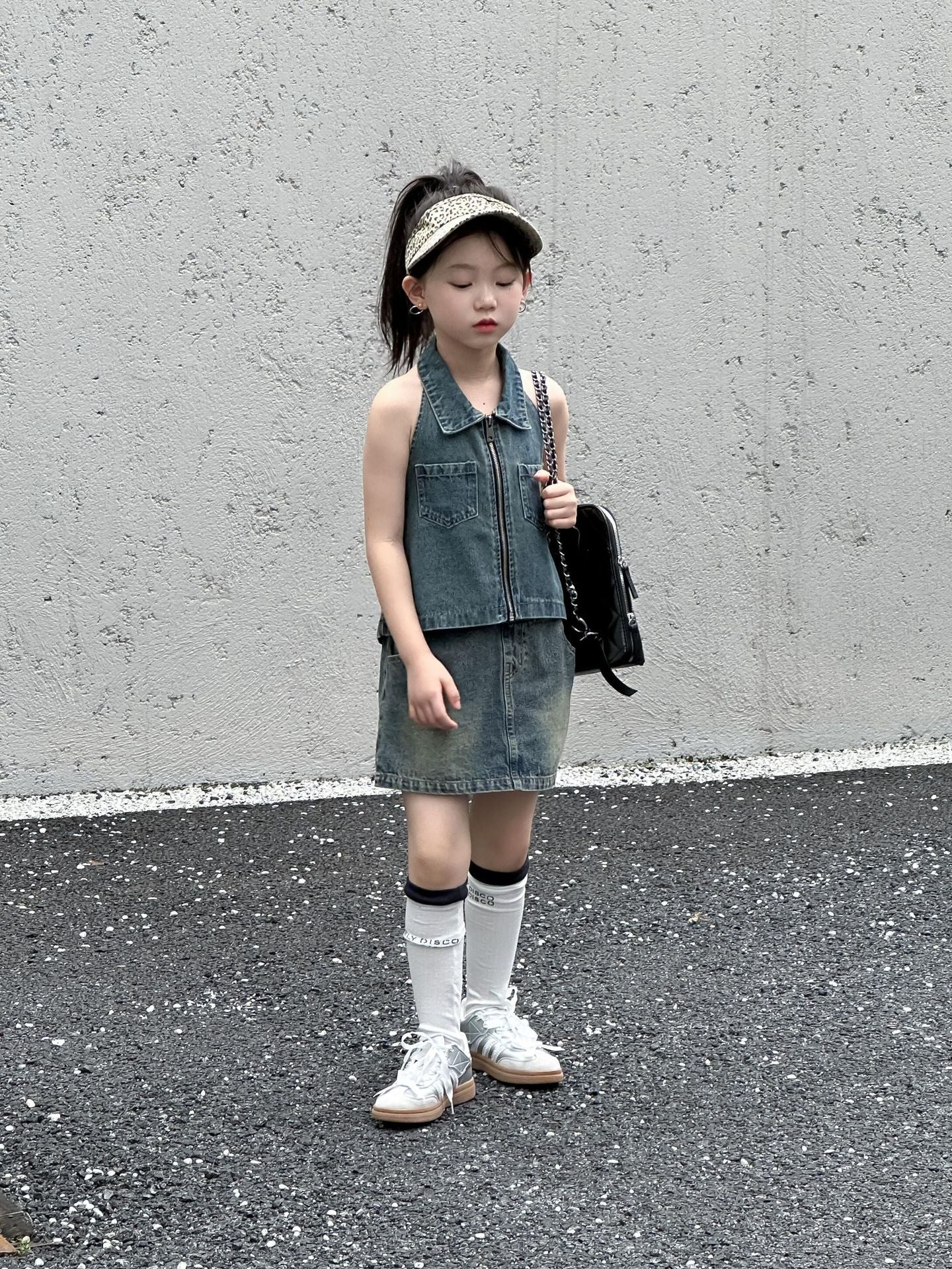 CJ4922夏季女童辣妹風牛仔露背上衣短裙套裝兩件套2024.06.11