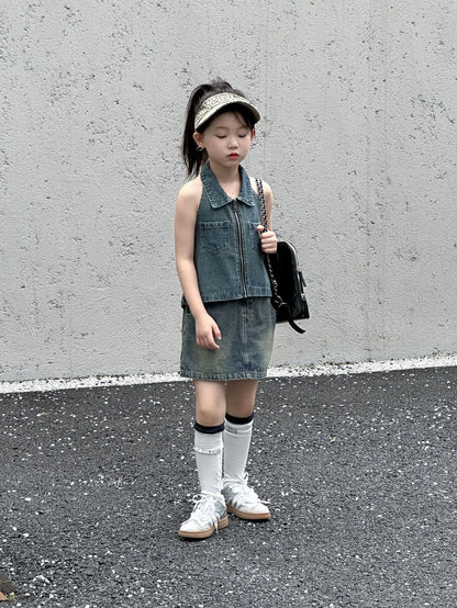 CJ4922夏季女童辣妹風牛仔露背上衣短裙套裝兩件套2024.06.11