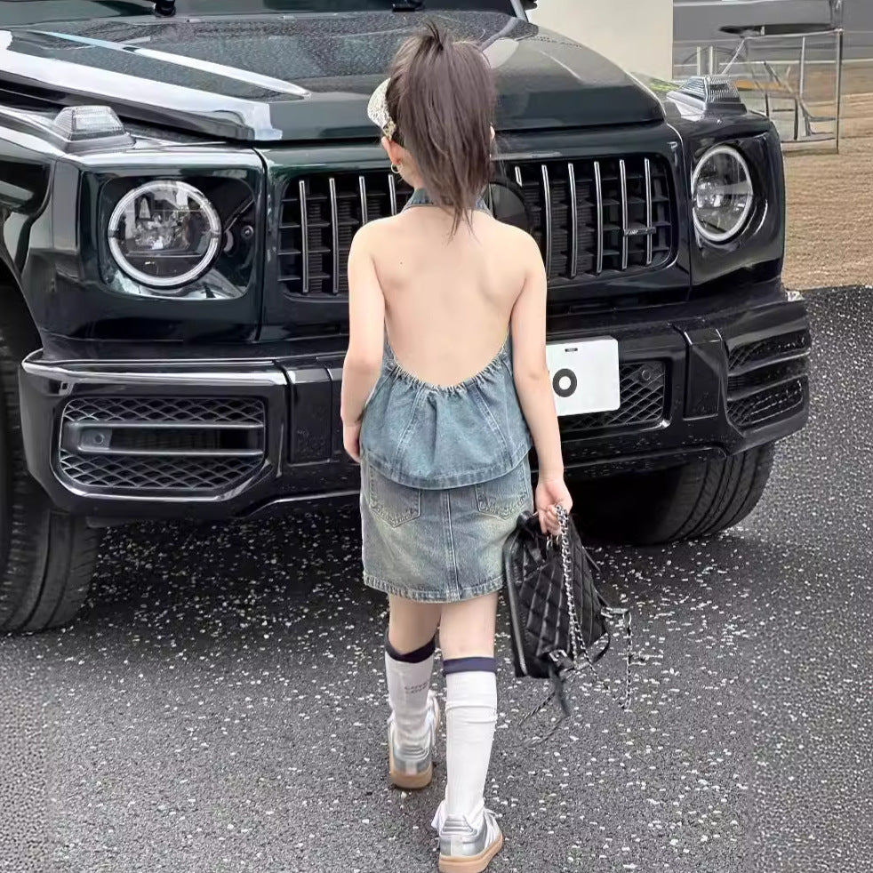 CJ4922夏季女童辣妹風牛仔露背上衣短裙套裝兩件套2024.06.11