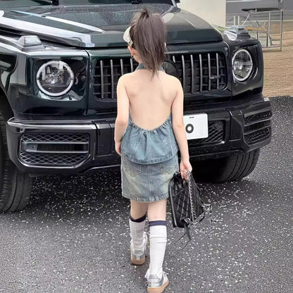 CJ4922夏季女童辣妹風牛仔露背上衣短裙套裝兩件套2024.06.11