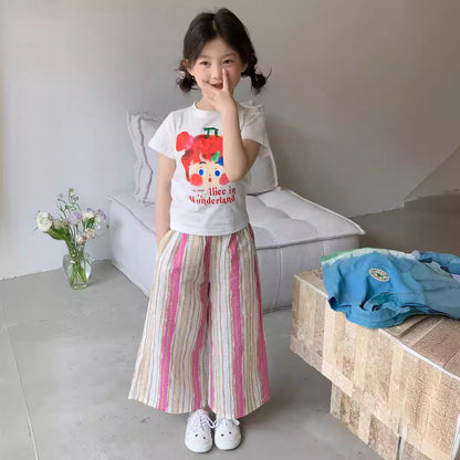 CJ3408夏季中大女童彩條寬鬆九分闊腿褲2024.06.28