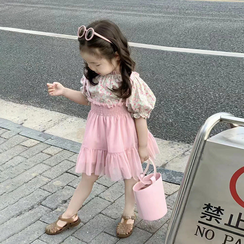 CJ2521泡泡袖碎花襯衫短袖上衣網紗吊帶半身裙兩件套2023.06.27