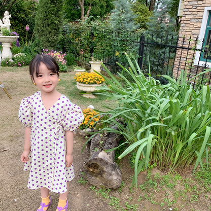 AJ7402韓版夏季女童波點泡泡袖系帶收腰公主連衣裙2024.06.07