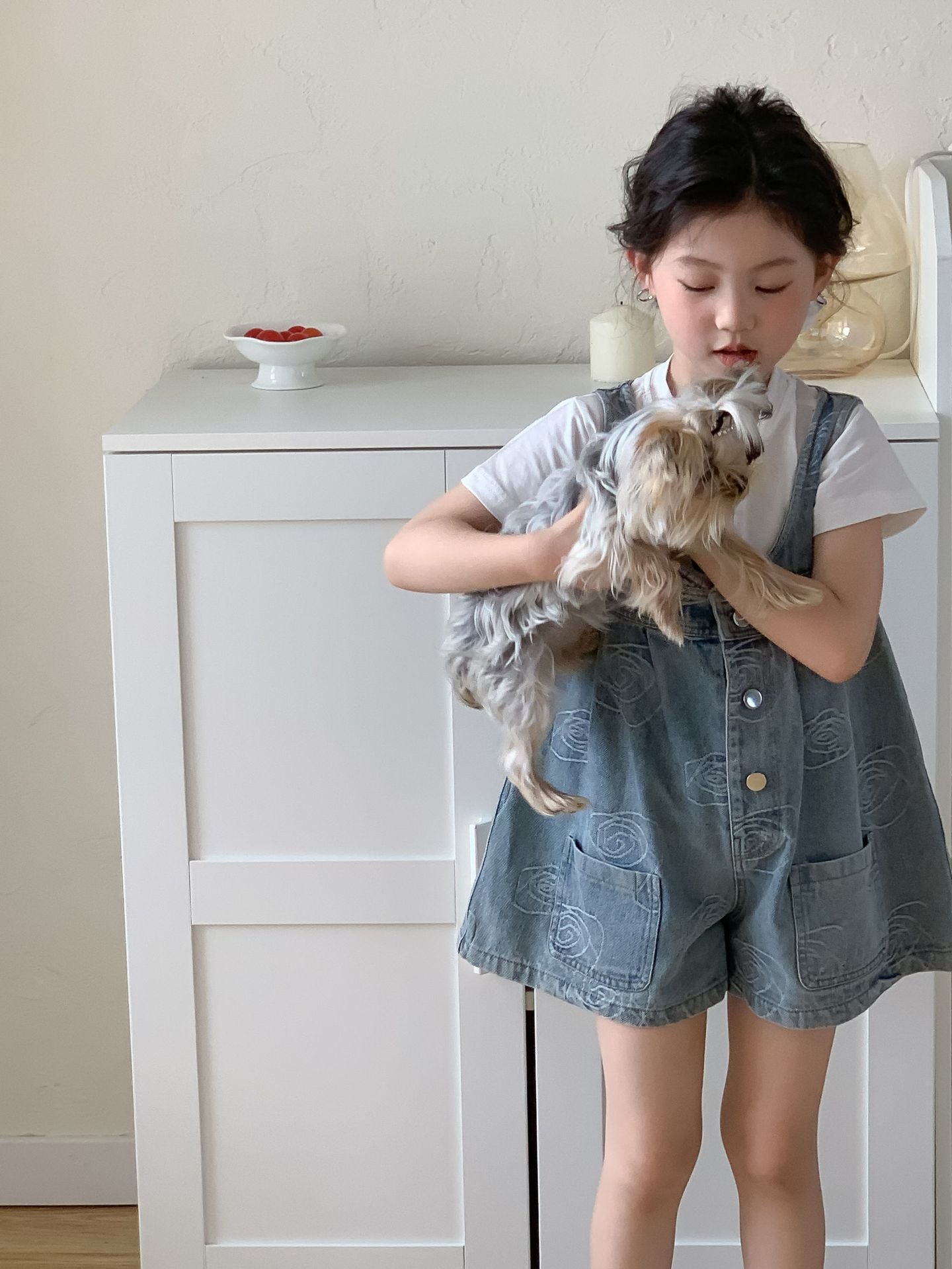 CJ3391夏季中大女童花朵牛仔背帶褲2024.06.28