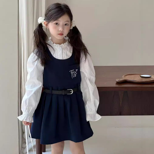 CA4656秋季女童學院風花邊領娃娃衫無袖背心裙兩件套2024.08.06