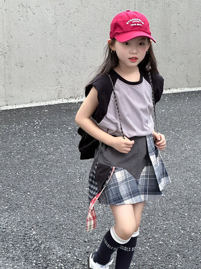 CJ4137夏季女童墊肩無袖t恤拼接短裙兩件套2024.06.11
