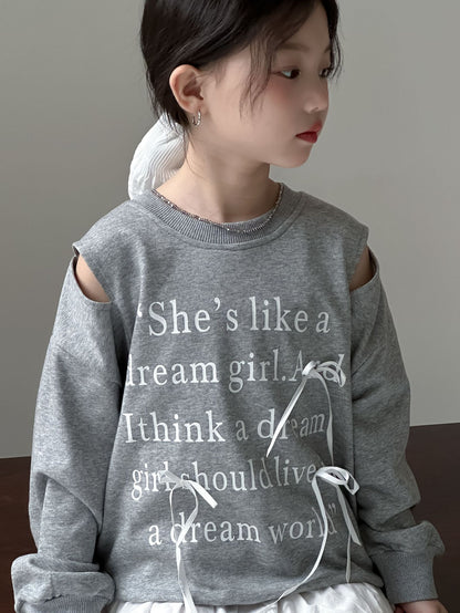 CA4159秋季女童甜美露肩蝴蝶結字母印花衛衣白色蛋糕裙兩件套2024.08.06