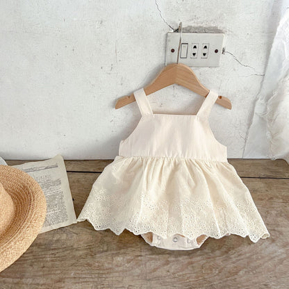 DK2403韓版刺繡花邊吊帶哈衣裙純棉百搭麵包褲2023.07.04