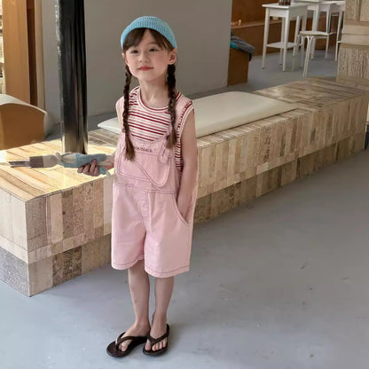 CA4933夏季女童可愛彩條背心粉色背帶短褲兩件套套裝2024.04.09