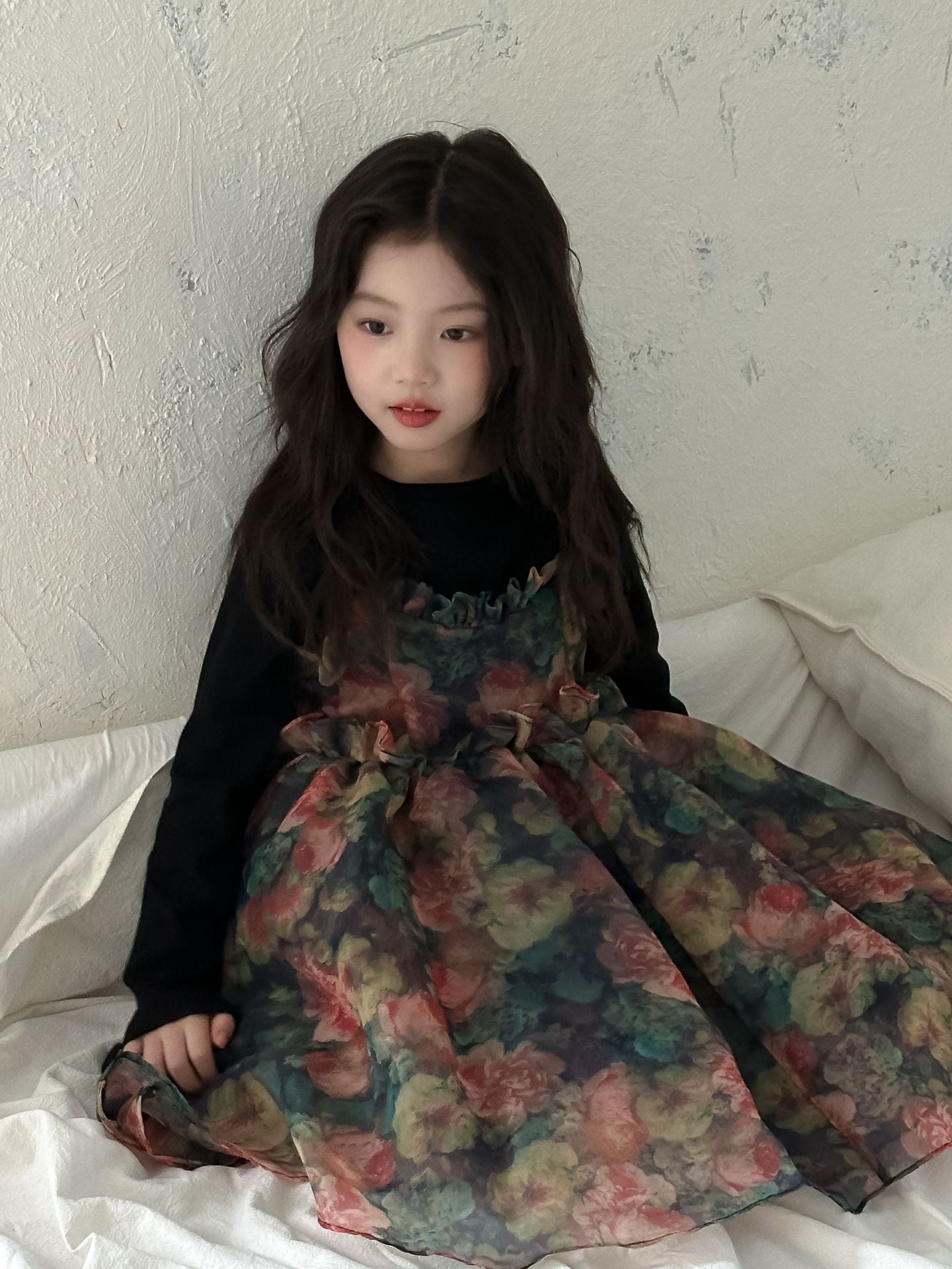 CA4276秋季女童黑色T恤吊帶花朵歐根紗紗裙套裝2024.08.06
