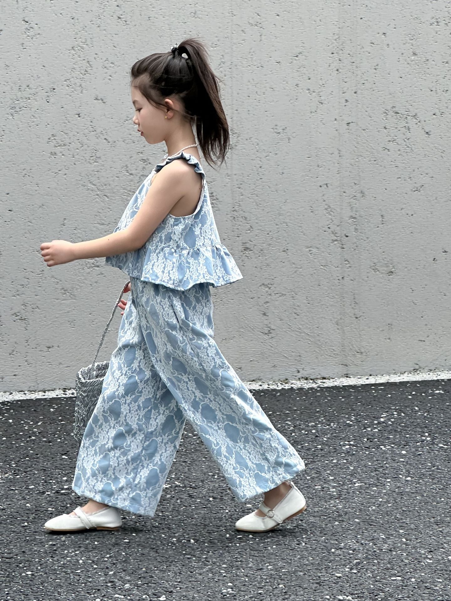 CJ4116夏季韓版女童蕾絲飛袖吊帶上衣闊腿褲兩件套2024.06.11