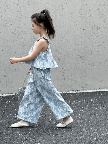 CJ4116夏季韓版女童蕾絲飛袖吊帶上衣闊腿褲兩件套2024.06.11