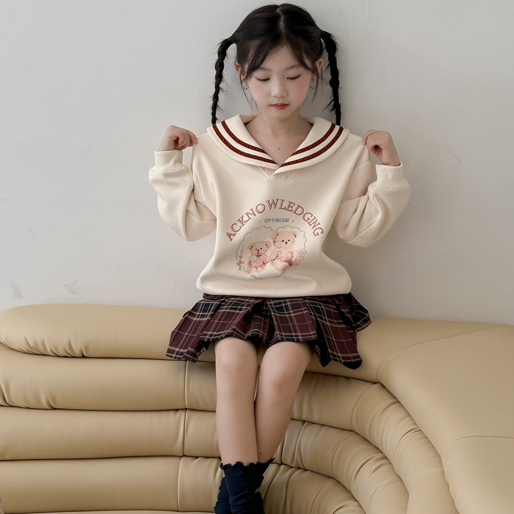 CA4696秋季女童學院風海軍領卡通熊衛衣格子百褶裙兩件套2024.08.06