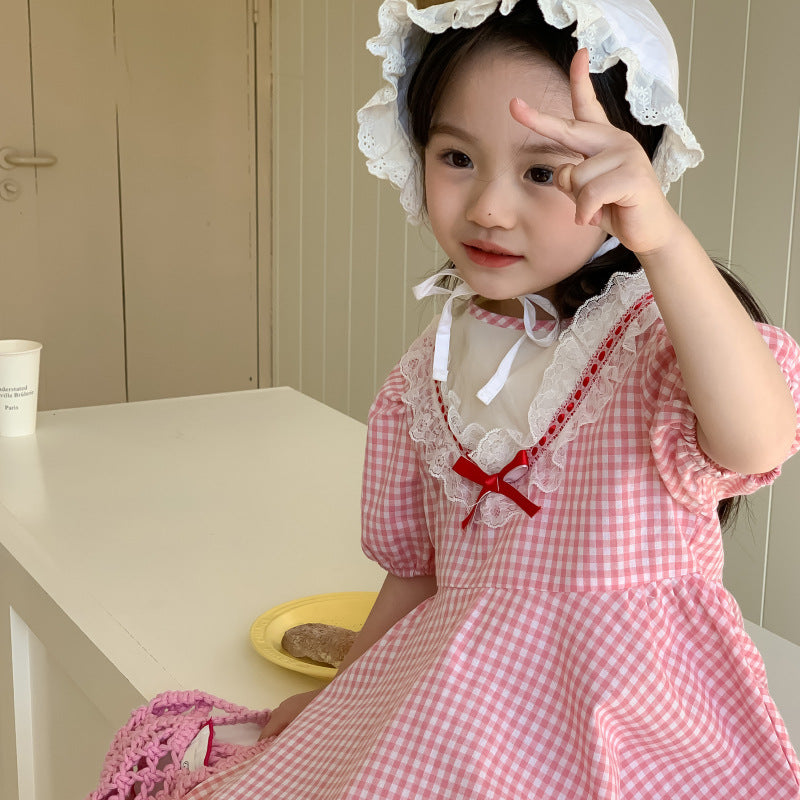 AM1675夏季韓版甜美花邊格子公主裙2024.03.29