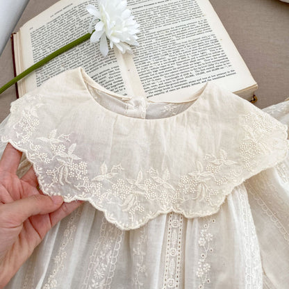 DH0032春季花朵刺繡大翻領長袖包屁衣姐妹裙2024.01.09