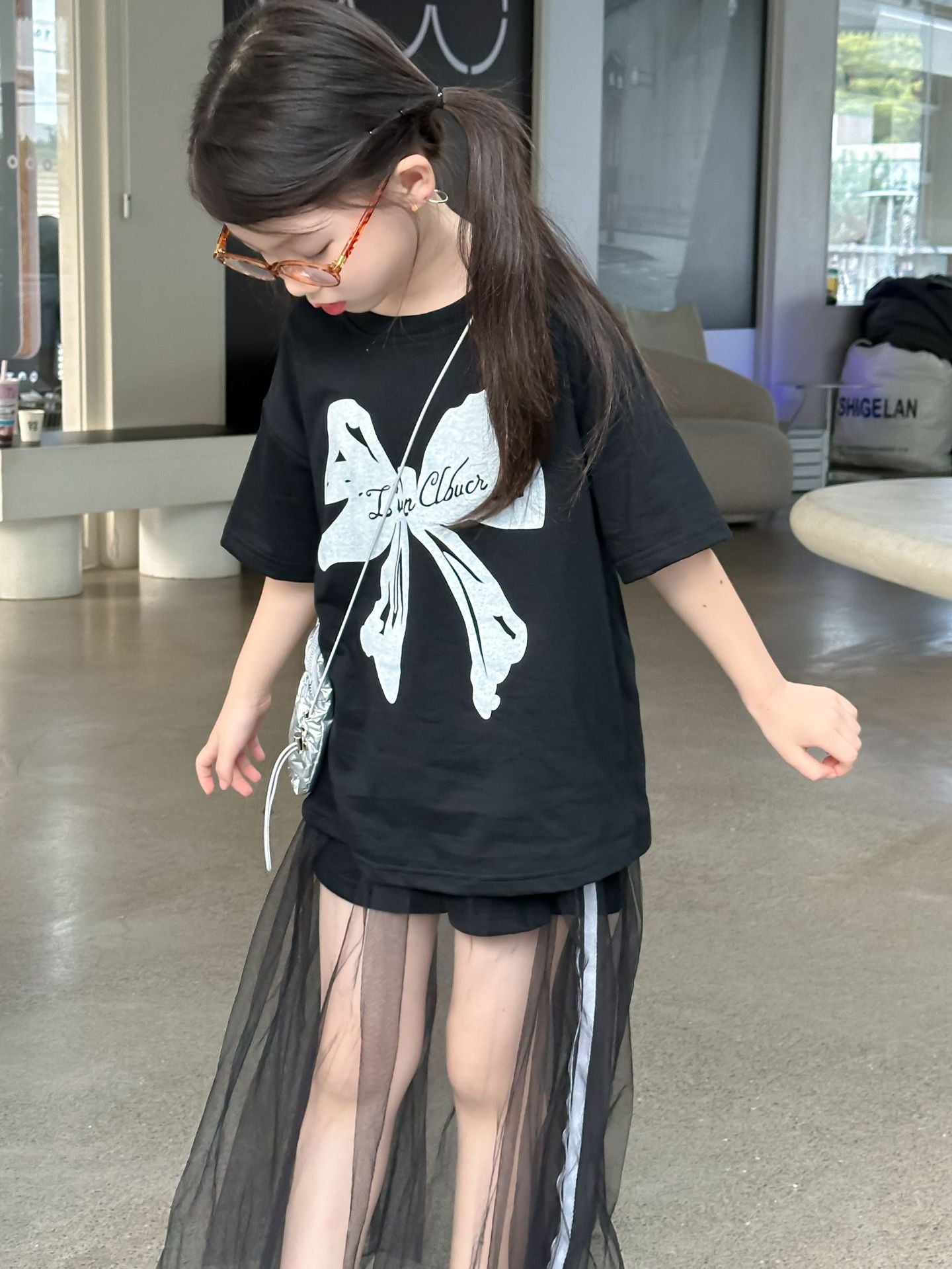 CJ4909韓版夏季女童蝴蝶結印花寬鬆短袖t恤紗裙兩件套2024.06.11