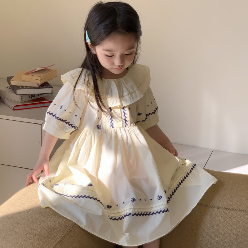 AM1682夏季復古宮廷風娃娃領刺繡花朵設計寬鬆泡泡袖裙子2024.03.29