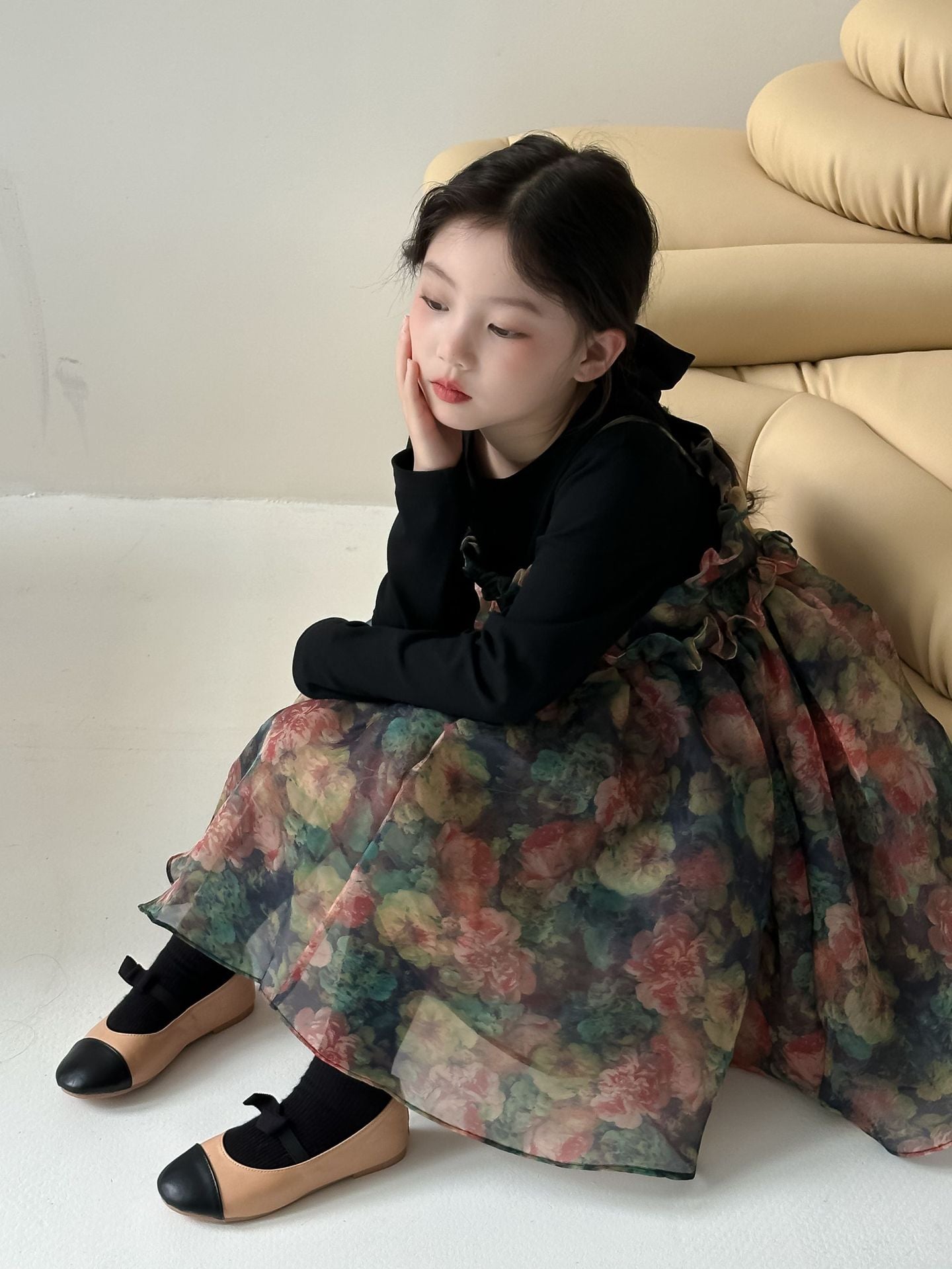 CA4276秋季女童黑色T恤吊帶花朵歐根紗紗裙套裝2024.08.06