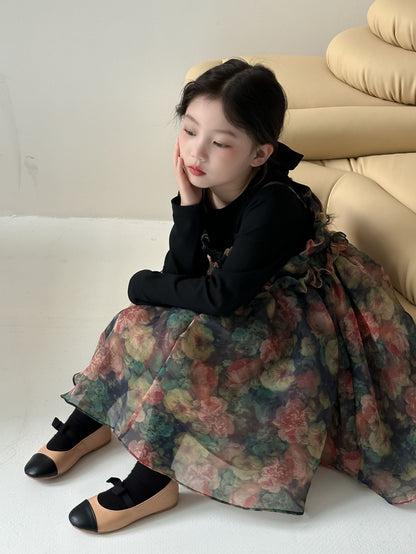 CA4276秋季女童黑色T恤吊帶花朵歐根紗紗裙套裝2024.08.06