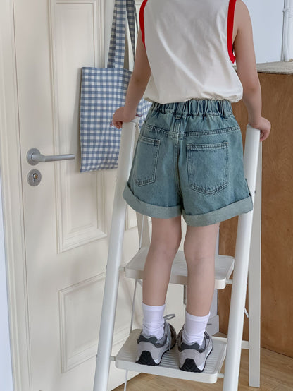 CJ4808夏季中大女童帶鑽牛仔翻邊短褲2024.06.28