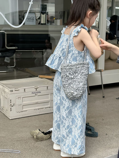 CJ4116夏季韓版女童蕾絲飛袖吊帶上衣闊腿褲兩件套2024.06.11