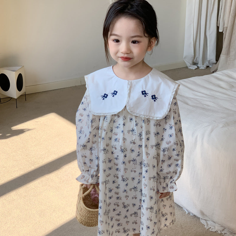 AF1665甜美碎花刺繡翻領長袖連衣公主裙2024.02.20