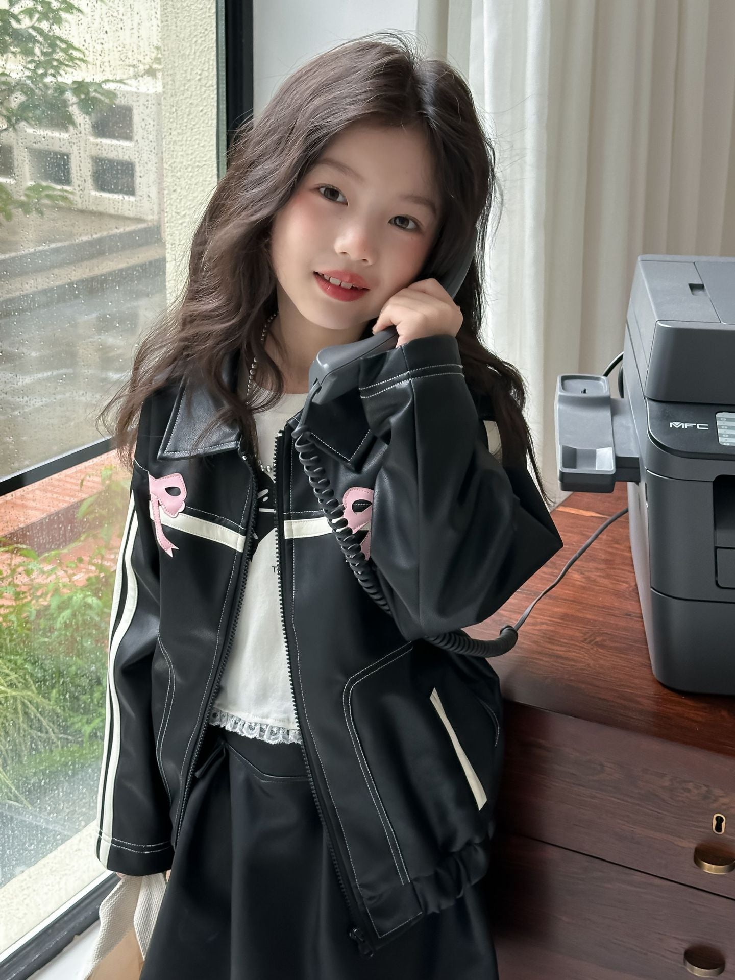 CA4770秋季女童辣妹風蝴蝶結PU皮衣短裙套裝2024.08.06