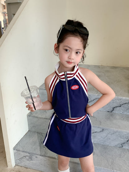 CM3205夏季辣妹風螺紋掛脖露背背心+短裙兩件套2024.03.15